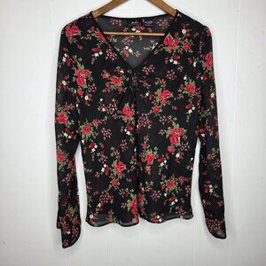 MDS California Womens Y2K Black Red Floral Blouse Size L Dark Vamp Whimsigoth